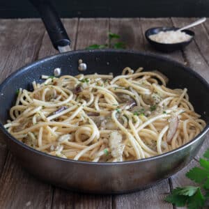 Eggplant pasta in a pan.