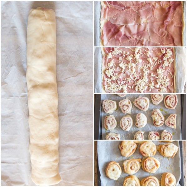pizza roll ups how to make, with ham, ham and cheese, rolled and ready for baking