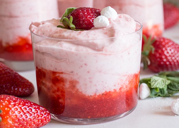 up close strawberry mousse in a glass