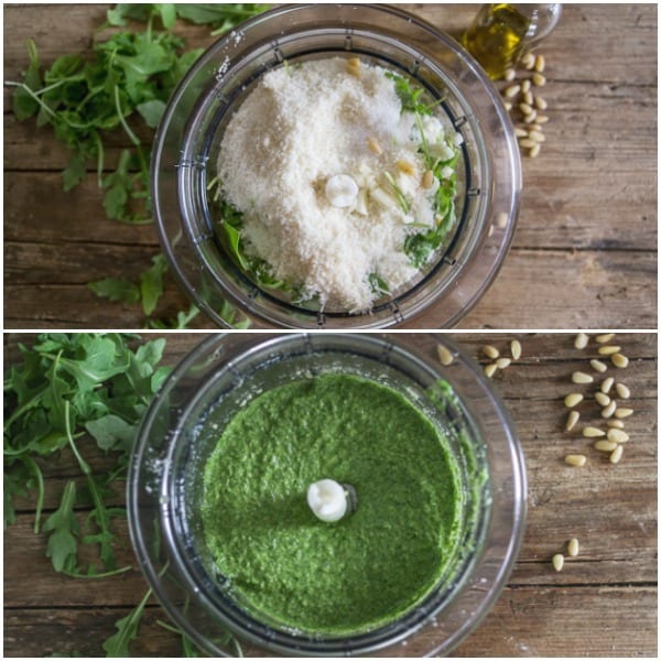 arugula pesto how to make ingredients in the food processor and ingredients blended