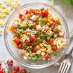 Butterfly pasta in a glass bowl.
