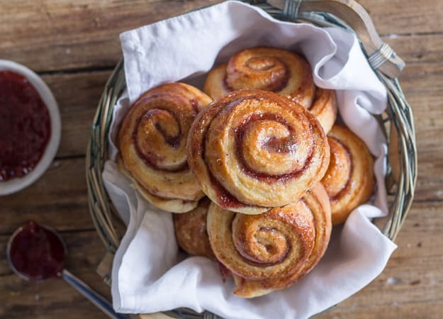 yeast rollups with jam in a basket