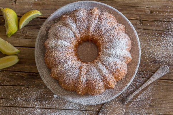 lemon cake with a dusting of powdered sugar