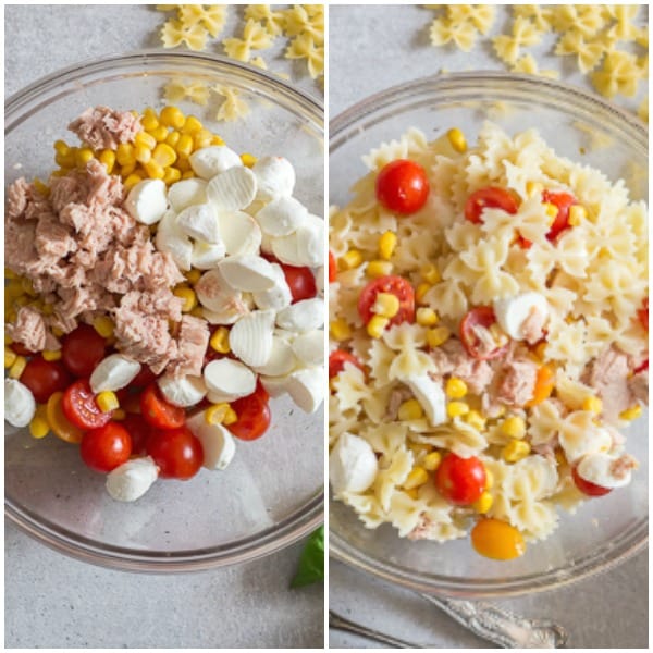 pasta salad how to make ingredients in a glass bowl and pasta added