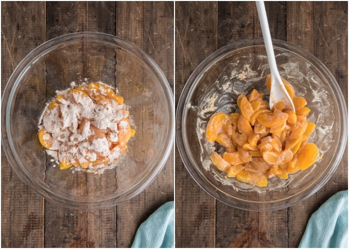 Making the peach filling in a glass bowl.