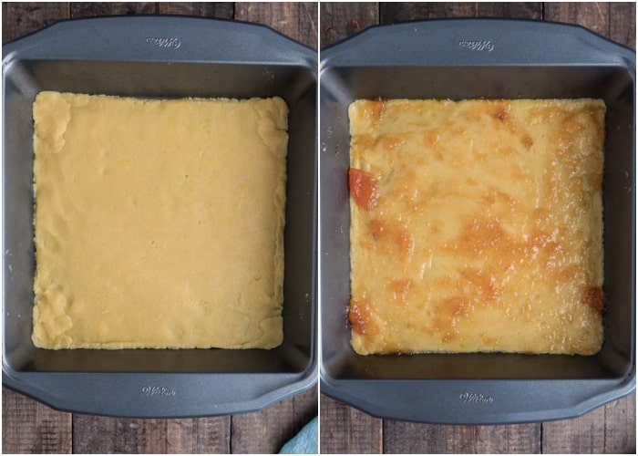 The dough in the pan with the jam on top.