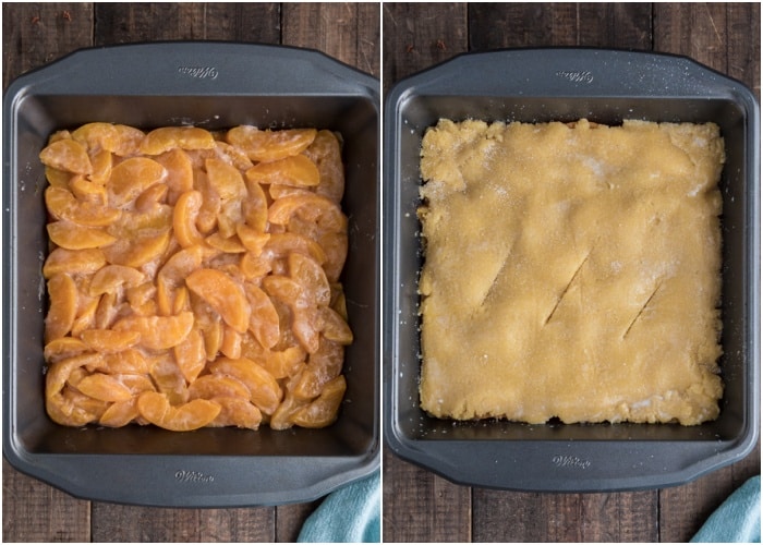 The peach filling on top and the remaining dough on top, before baking.