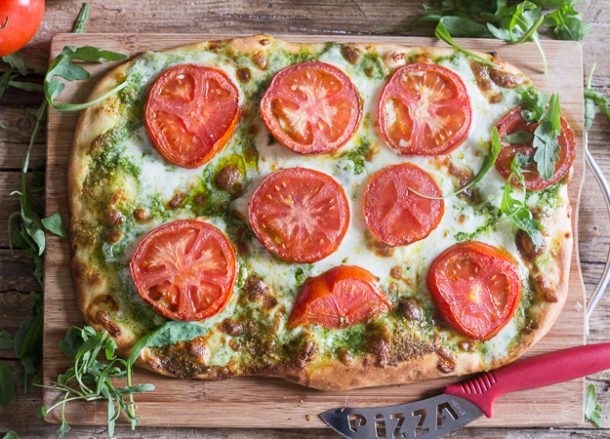 Pesto Pizza With Fresh Tomatoes Mozzarella Recipe An Italian In My Kitchen