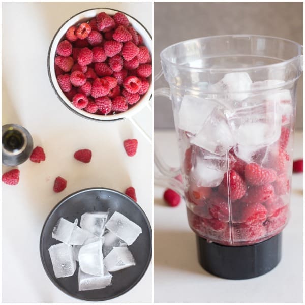 prosecco slushie, how to make ingredients raspberries, ice and ingredients in the blender.