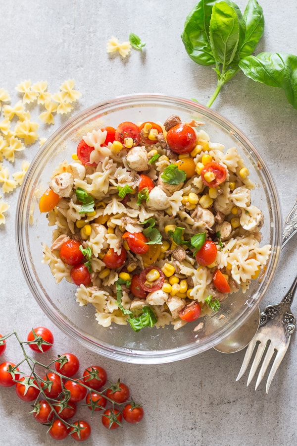 italian pasta salad in a glass bowl