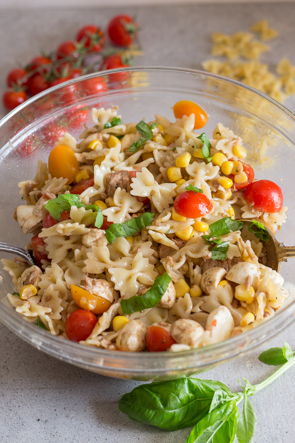 Pasta salad in a glass bowl