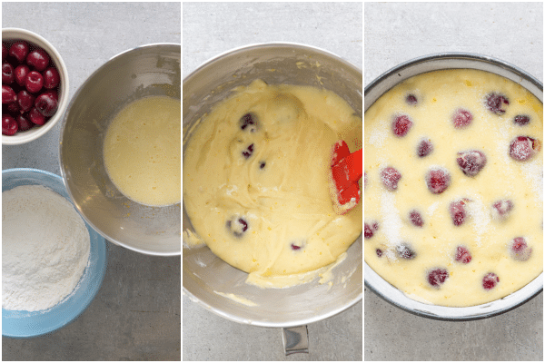how to make a cherry cake the ingredients, the batter and ready for baking in the pan