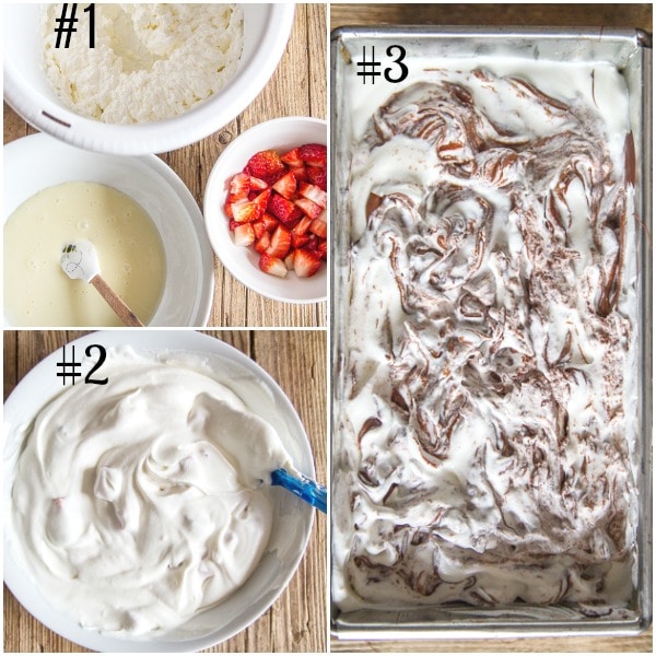 how to make chocolate ripple ice cream, ingredients, mixed in a bowl and before freezing in a loaf pan