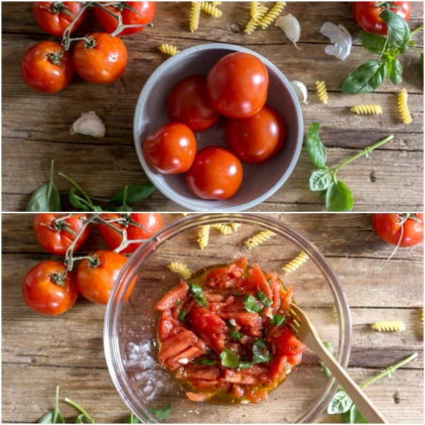 how to make tomato pasta salad tomatoes, and sliced tomatoes in a bowl