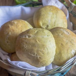 Dinner rolls in a basket.