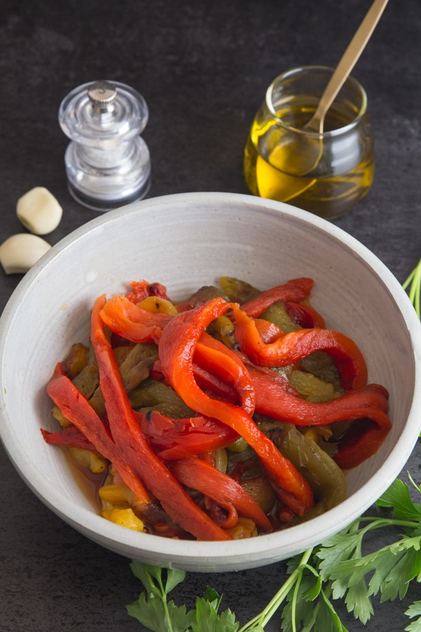 roasted peppers cleaned in a white bowl