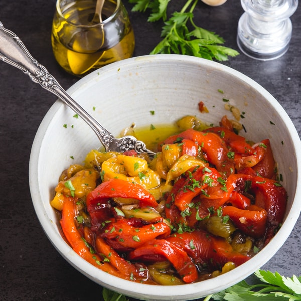 roasted peppers in a white bowl