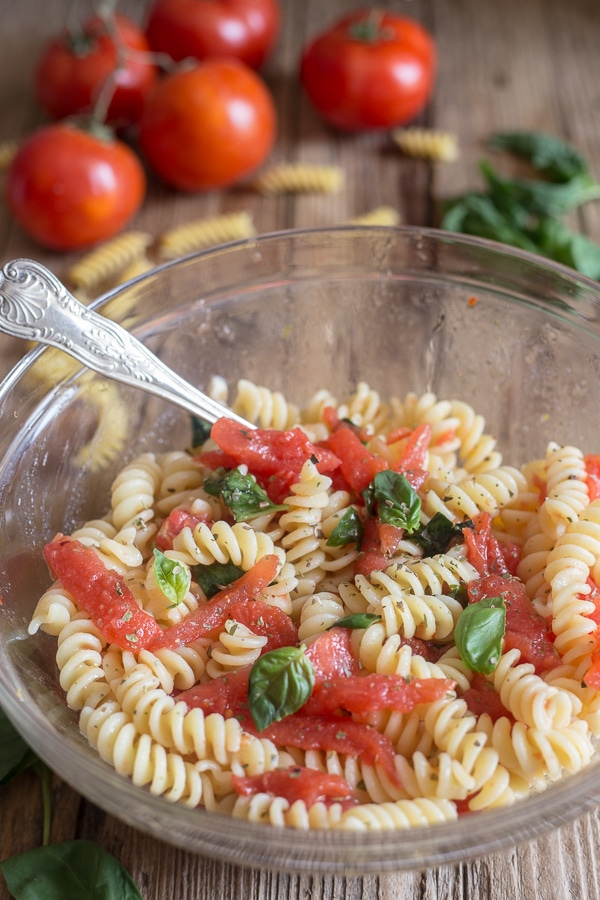 Warm Fresh Basil and Tomato Fusilli Salad Recipe - An Italian in my Kitchen