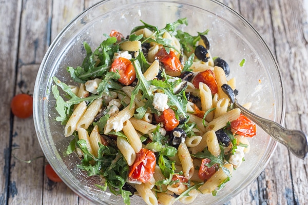 greek pasta salad in a bowl