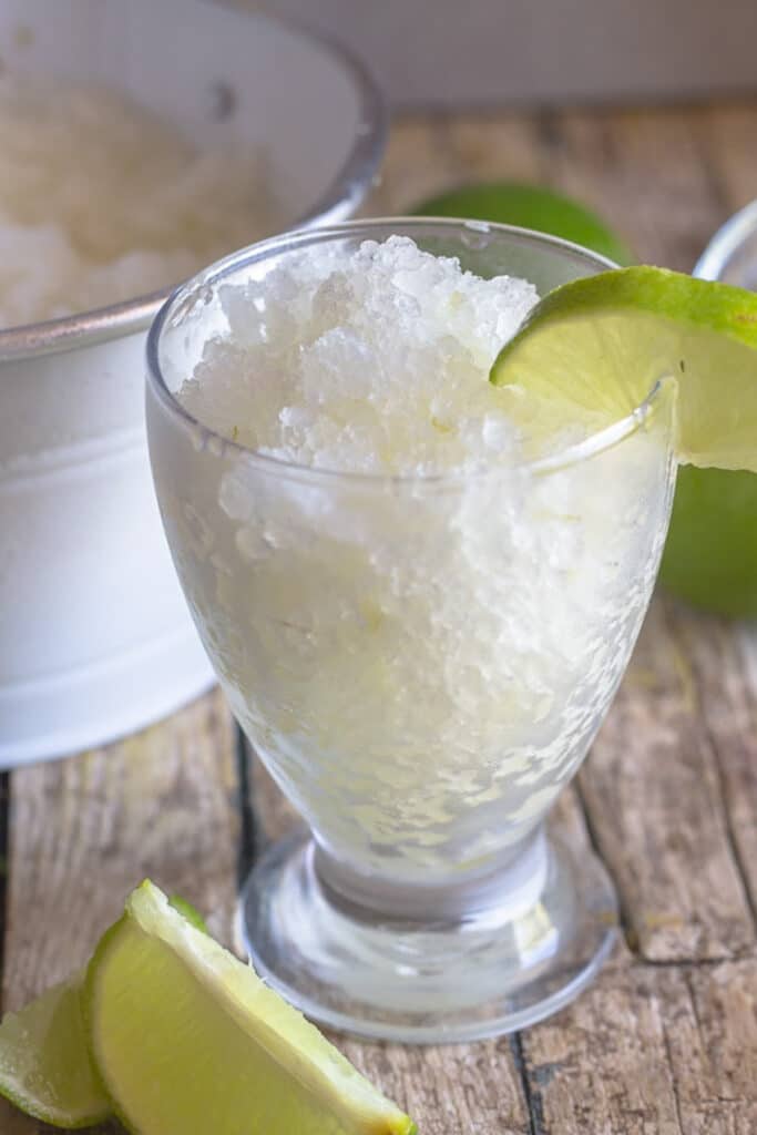 Lime granita in a glass.
