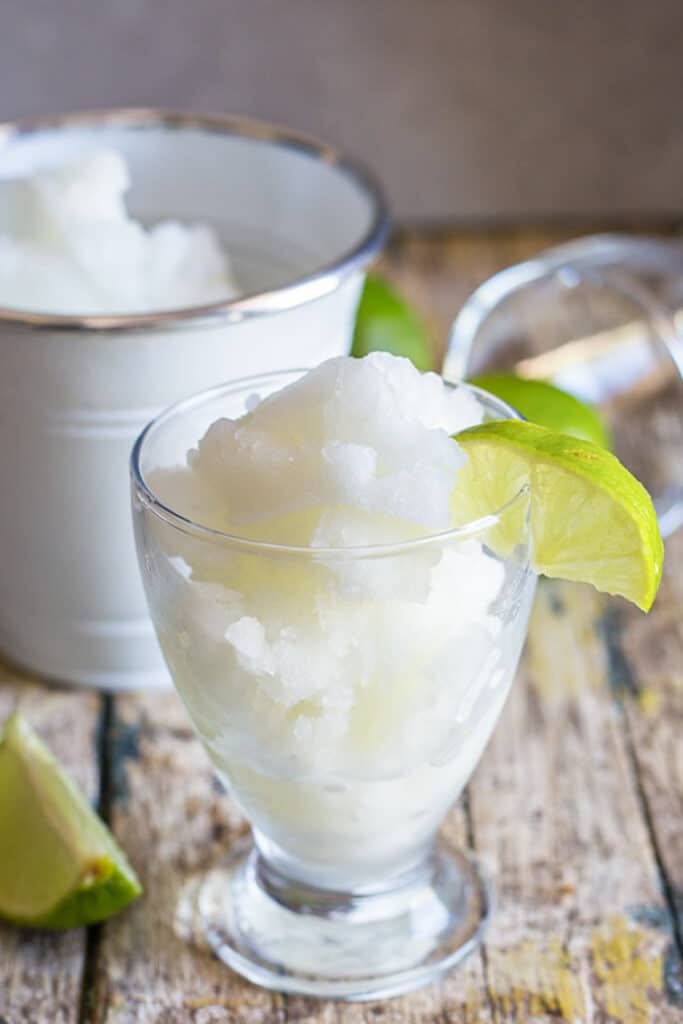 Lime granita in a glass.