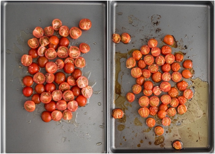 The tomatoes before and after roasting.