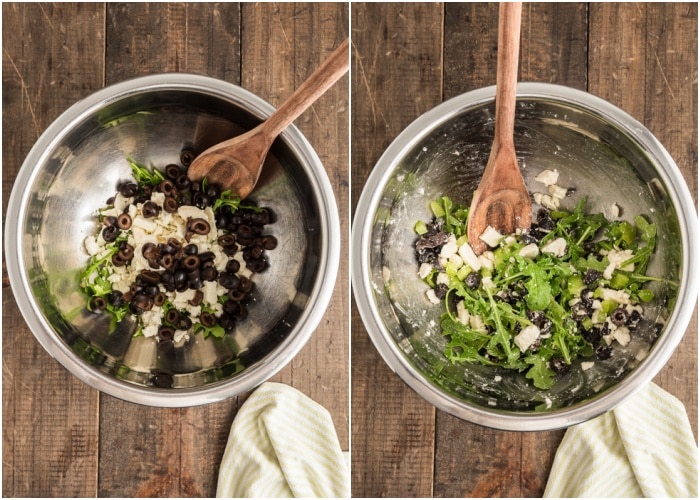 Combining the spices, oil and arugula.