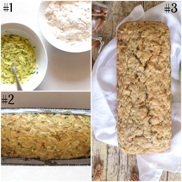 zucchini bread how to make, ingredients, raw in the pan and baked on a white napkin