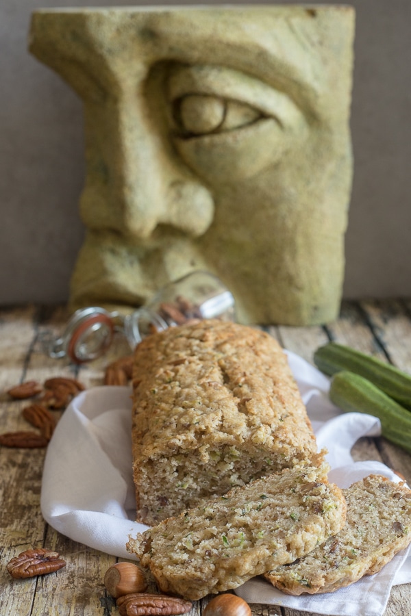 zucchini bread with sculpture in the background