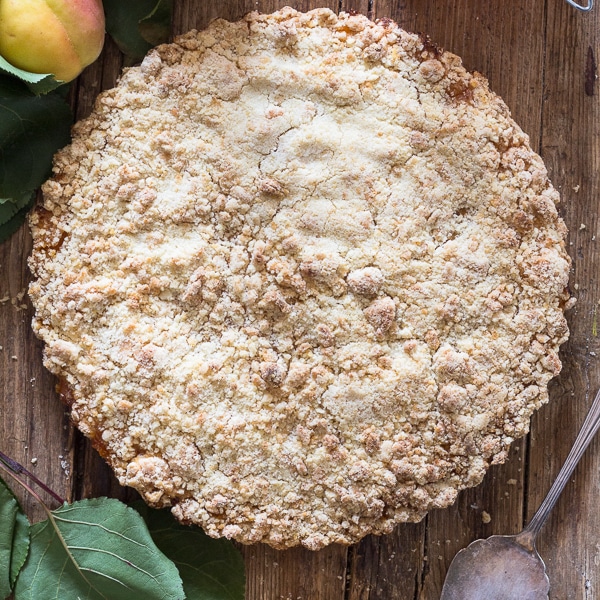 apricot crumb pie on a brown board