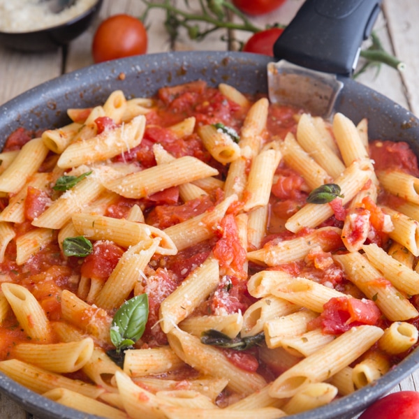 fresh tomato sauce with pasta in a pan