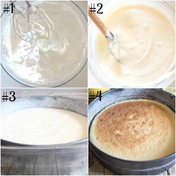 pudding cake how to make, stiff egg whites, batter in a pan and baked