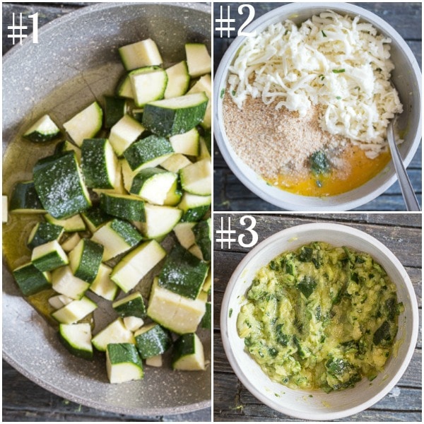 zucchini bites how to make, cubed zucchini in a pan, egg mixture and mixed