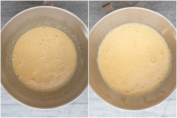 The sugar and eggs beaten and remaining wet ingredients beaten also in a silver mixing bowl.