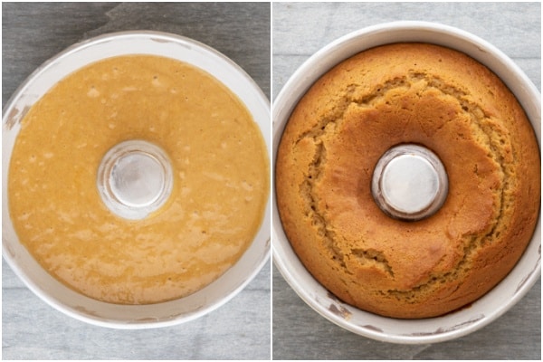 The batter in the cake pan before and after baking.