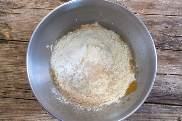 focaccia bread ingredients in a silver bowl