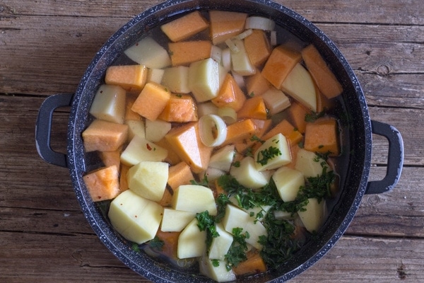 pumpkin soup veggies in a big pot