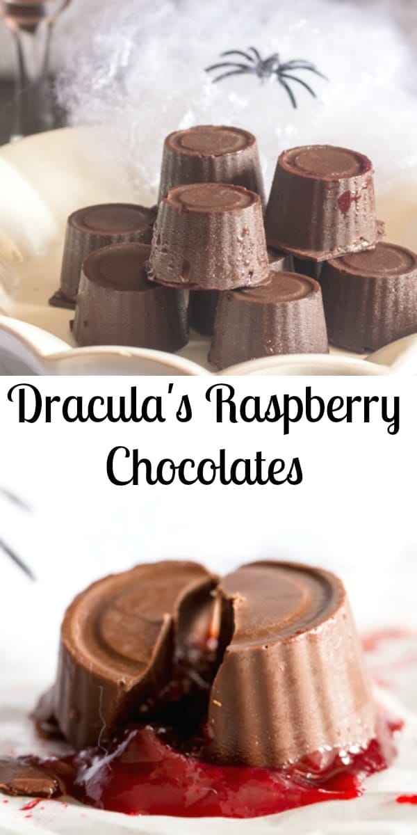 The perfect little treat for Halloween. Dracula's Raspberry Chocolates filled with a natural red, raspberry or strawberry filling. #halloween #chocolates #fruit