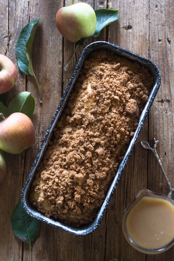 apple crumb bread just baked in a loaf pan