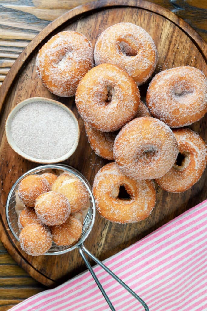Cake donuts on a wooden board.