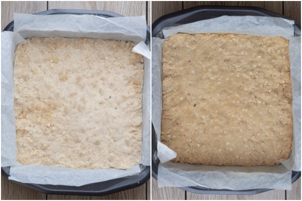 The base in the pan before & after baking.