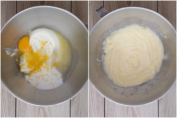 Making the lemon cheesecake filling in the mixing bowl.