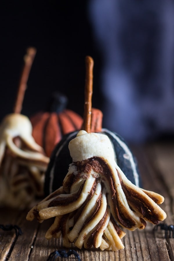 puff pastry recipe, witches brooms leaning against a pumpkin
