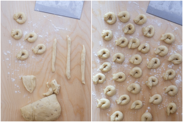 forming the dough into ropes and rolling.