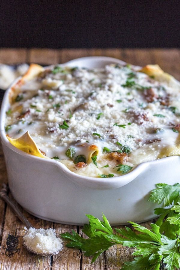 lasagna baked in a white pan