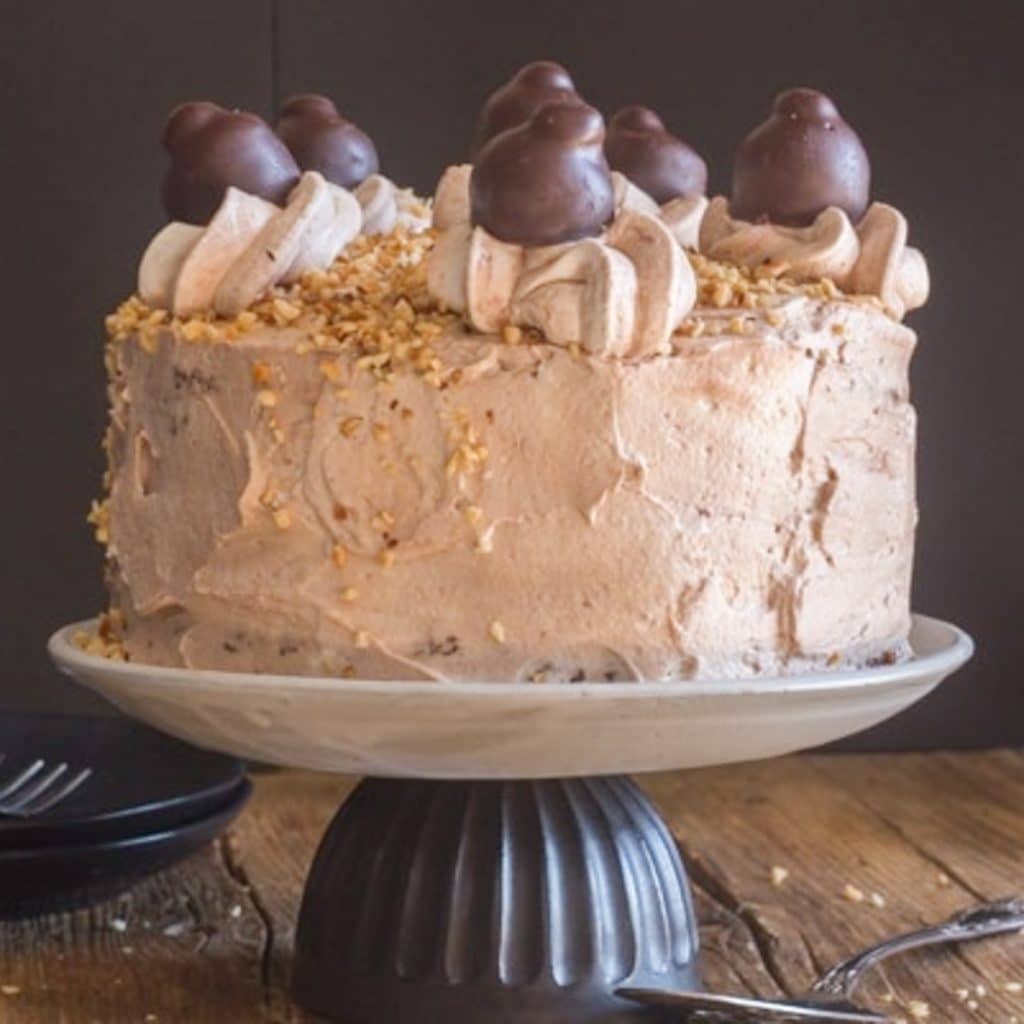 Baci cake on a cake stand.