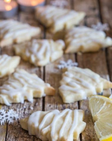 lemon shortbread cookies on a wooden board