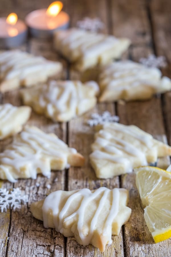 lemon shortbread cookies on a wooden board