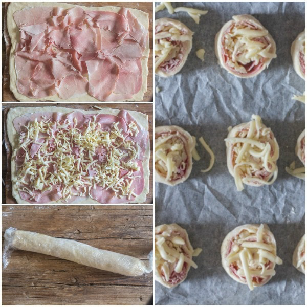 Making the ham & cheese pinwheels, rolled and placed on a cookie sheet for baking.