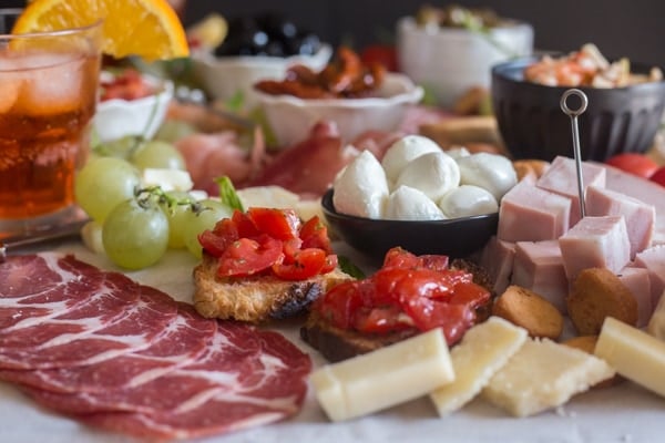 cheese board with ingredients on the board